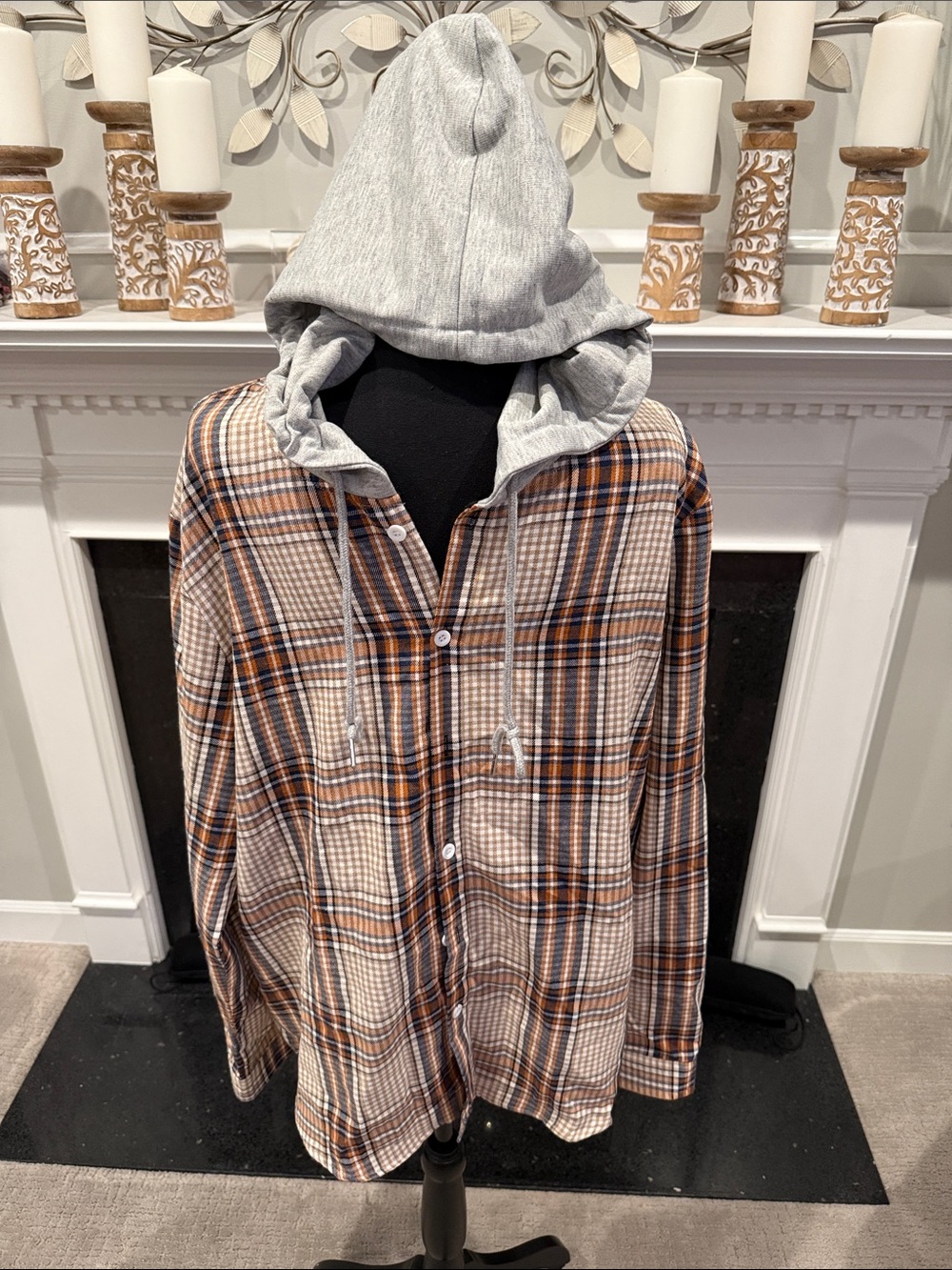 SHEIN Gray Hooded Brown Plaid Lightweight Shirt Jacket